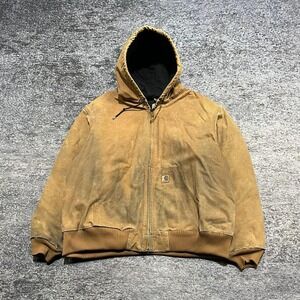 Carhartt Hooded Jacket Mens XL Tan Distressed Quilted Canvas Vintage Workwear